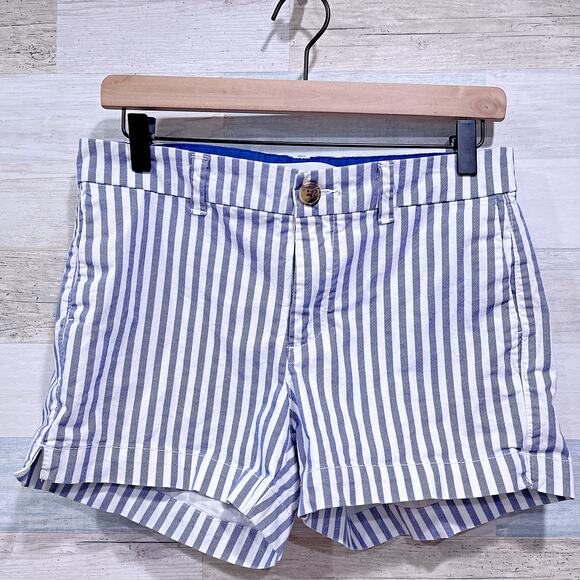 Old Navy Everyday Chino Shorts Blue White Stripe Mid Rise Twill Casual Womens 4 - Picture 1 of 6